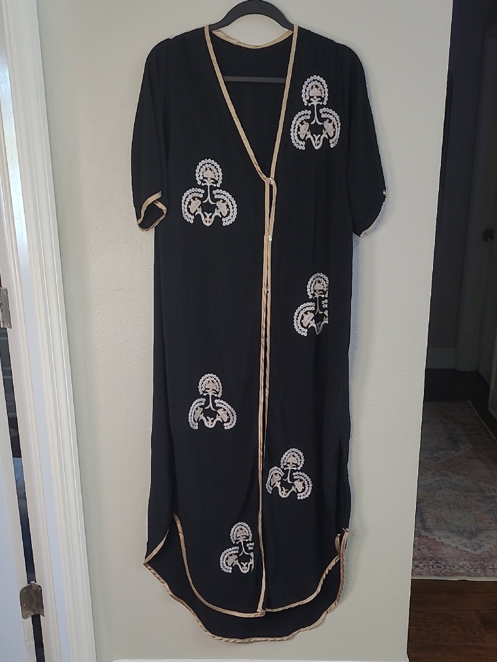Black Embroidered 100% Cotton Long Boho  Beach Cover with Gold Trim One Size - Picture 2 of 7